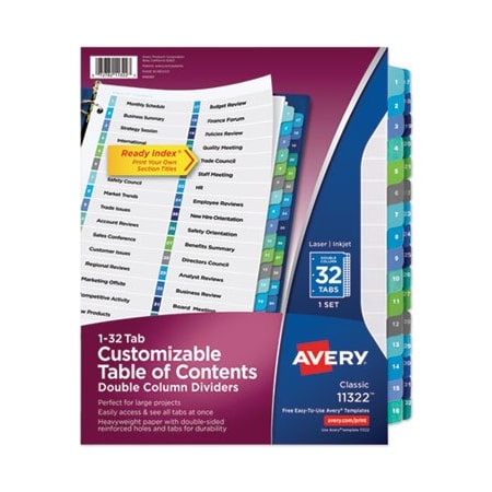 Avery Dennison Avery, CUSTOMIZABLE TOC READY INDEX DOUBLE COLUMN MULTICOLOR DIVIDERS, 32-TAB, LETTER 11322